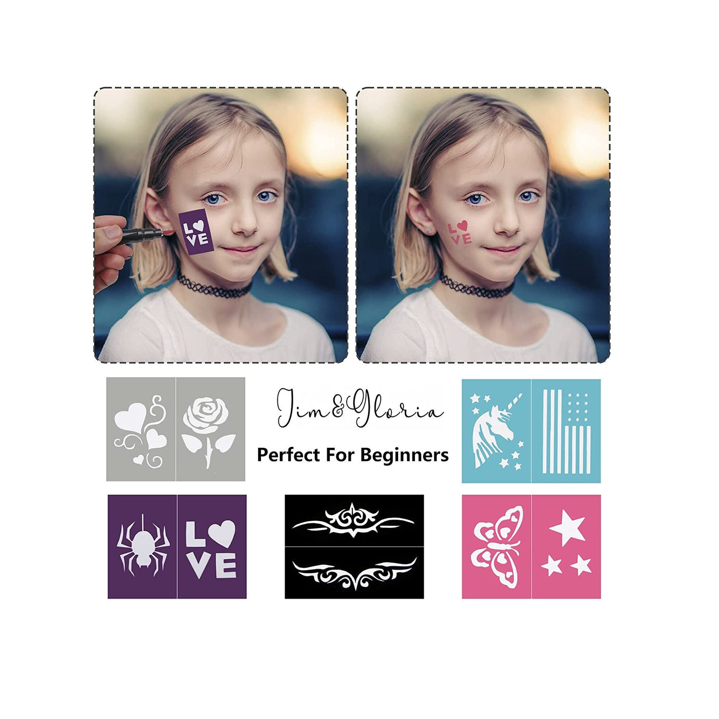 Zenovika Face Paint Kit for Kids - 60 Jumbo Stencils, 15 Large Water Based Paints, 2 Glitters - Halloween Makeup Kit, Professional